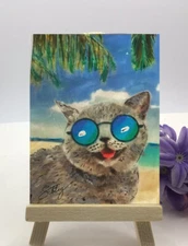 HIP CAT Miniature PAINTING 2.5”"x3.5” Signed, WITH MINI WOOD EASEL