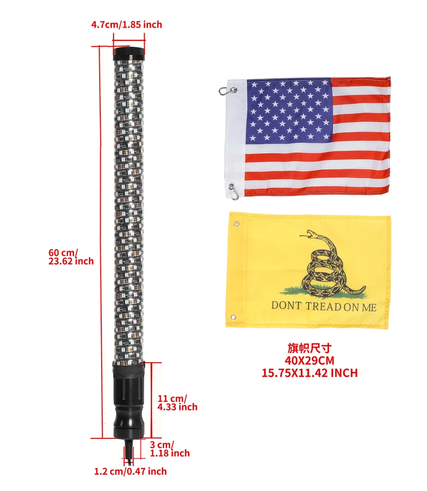 Pair Fat Whips 2'' Thick LED Whip Spiral Chasing RGB Whip Lights FAT 2FT UTV ATV - Image 2 of 4