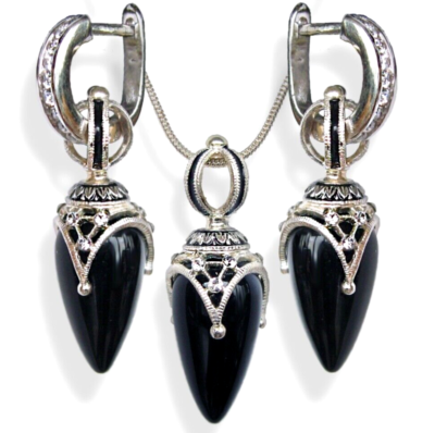 925 Silver Black Onyx Faberge Teardrop Jewelry Set Swarovski  display picture 3