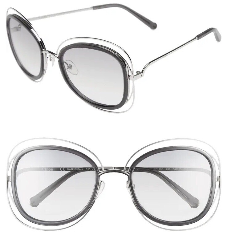 New Chloe Carlina Butterfly 56mm Sunglasses MSRP$420 In GREY