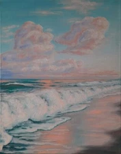 Seascape Waves Original Painting Landscape Pink Clouds Sky Nature Collectible