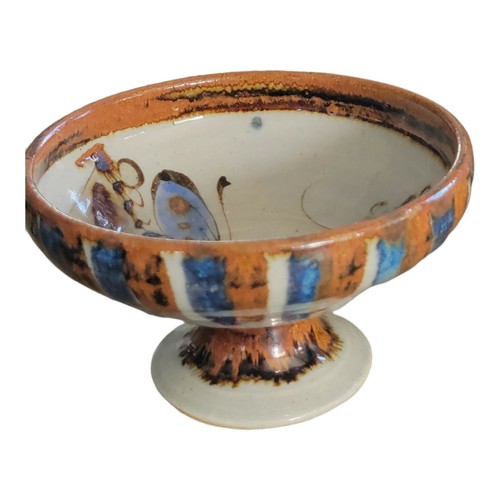 Mexican Folk Art Pottery Signed Pedestal Bowl w/ Painted Butterfly Floral Motif - Picture 8 of 9