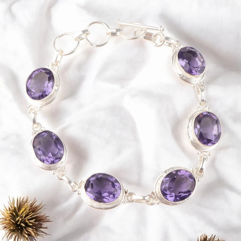 Brazalete de joyería artesanal de plata de ley 925 con piedras preciosas de iolita de 8,5" para mujer Foto 2 de 4