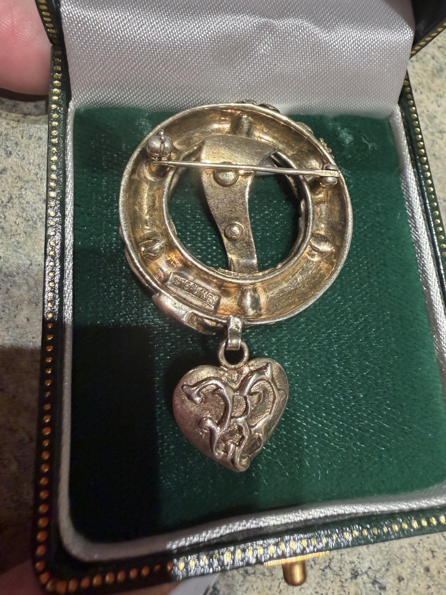 Antique STERLING Silver Turquoise Horseshoe Brooch Heart Dangle Victorian View 6