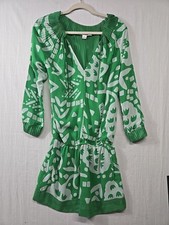 Diane Von Furstenberg Long Sleeve V Neck Chiffon Dress Green White Women's  0