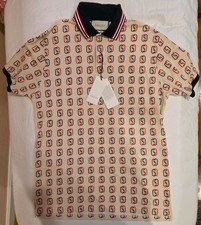 Gucci Men's Logo Print Polo Shirt Beige Black Red Size S Short Sleeve