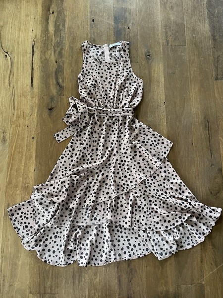 Atmos&Here Women’s 12 Pink Black Spot A-Line Midi Dress Belted Ruffle Zip