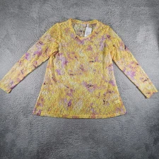 LOGO Layers Lori Goldstein Top Women L Yellow Sheer Lace Floral Fairycore Easter