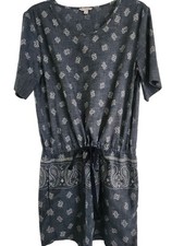 Gap Dress Size S Blue Paisley Drawstring Waist Chambray Cotton Short Sleeves