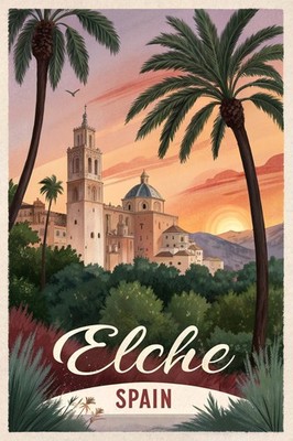 Stimmungsvolles Elche Spanien Reise Poster - Exquisite Palmenhaine Kunstdruck A1-A4 Post