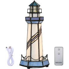 Bieye L10776 Lighthouse Tiffany Style Stained Glass Accent Table Lamp Night