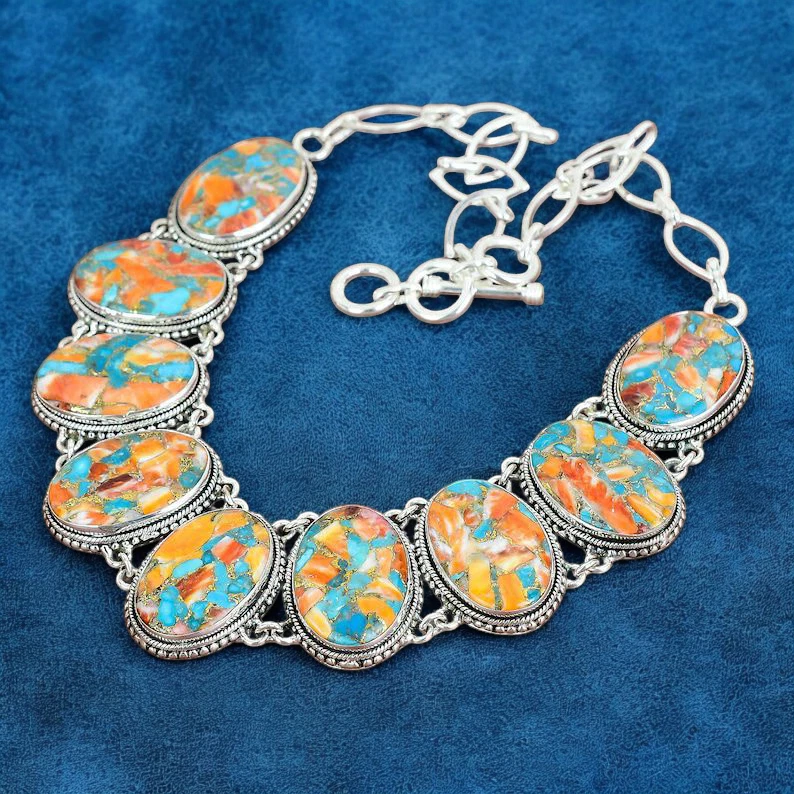 Collar Naranja Espinoso Ostra Turquesa Plata de Ley 925 Boho Joyería Regalo Foto 3 de 4