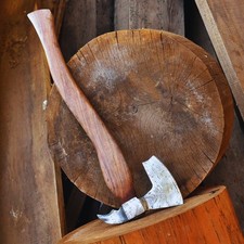 SHARD Damascus Tomahawk Viking Axe Hatchet Carved Wood Handle Forged w/ Sheath