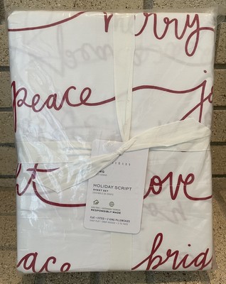 Pottery Barn Sentiment Sheet Set King Christmas Holiday New Love Peace Joy White