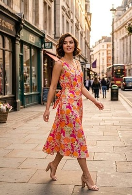 calvin klein orange floral dress Calvin Klein Floral Crepe Midi Dress Sleeveless V-Neck Tie Waist Pink Orange  14