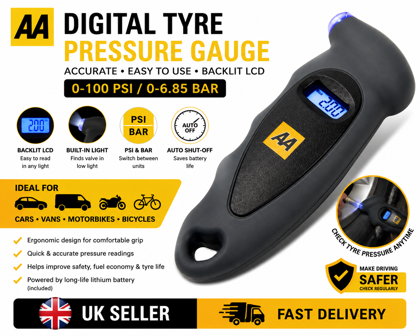 AA Digital Tyre Pressure Gauge LCD PSI Bar Car Van Bike Motorbike AA1634