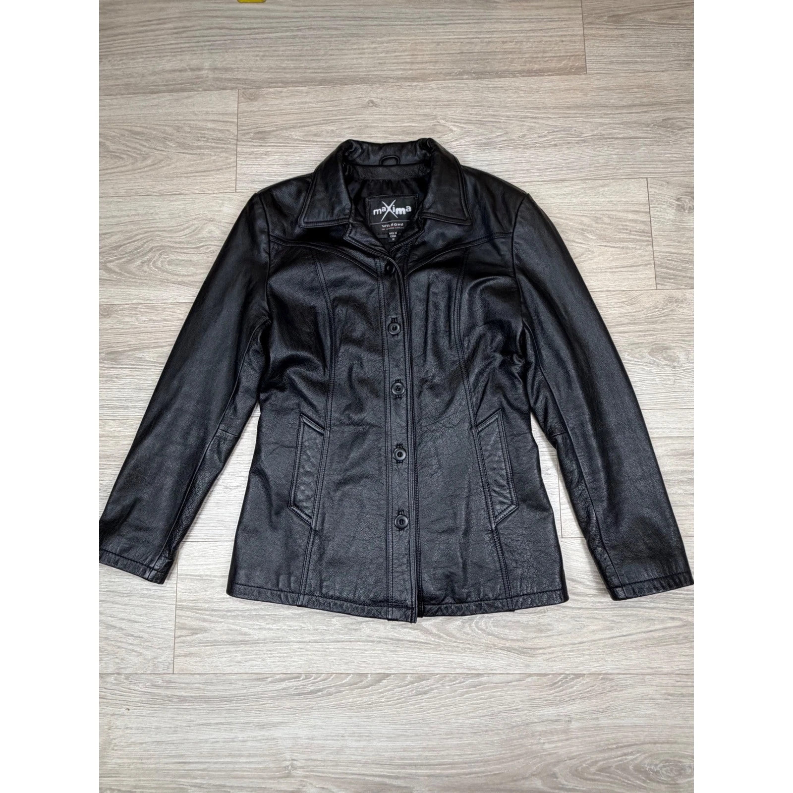 Maxima Wilsons Leather Experts Mens Black Leather Button Front Jacket Blazer M