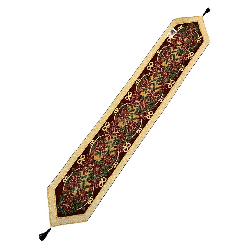 Christmas Tapestry Table Runner Maroon Green Metallic 72" NEW - Image 2 of 4