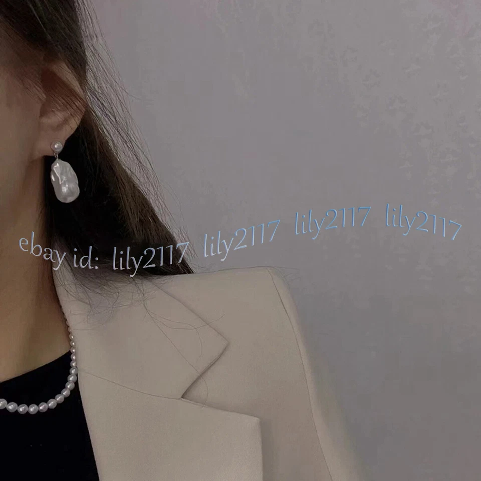 15-25MM REAL NATURAL WHITE FRESHWATER BAROQUE PEARL DANGLE SILVER STUD EARRINGS - Image 4 of 4