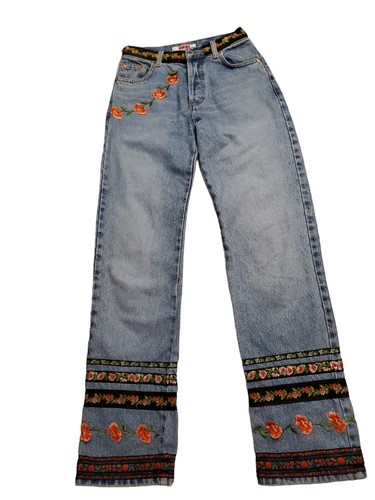 ABS ALLEN Schwartz Womens Jeans XS 0 Waist 24" Vtg 90s Y2K Embroidered Floral - Picture 2 of 9