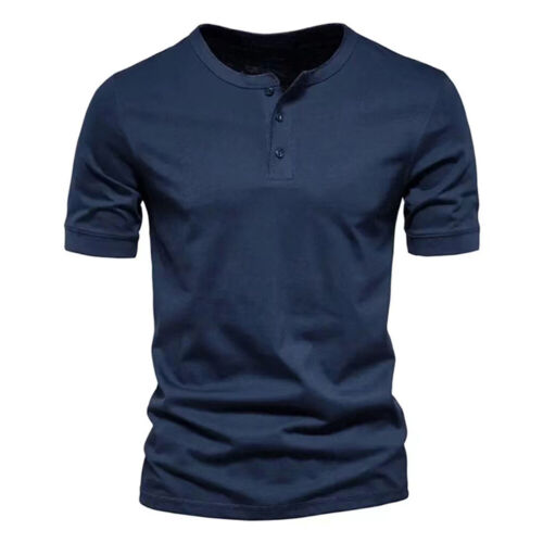 Mens Henley T-shirt Tops Summer Plain Short Sleeve Grandad Neck Casual Shirts - Picture 26 of 28
