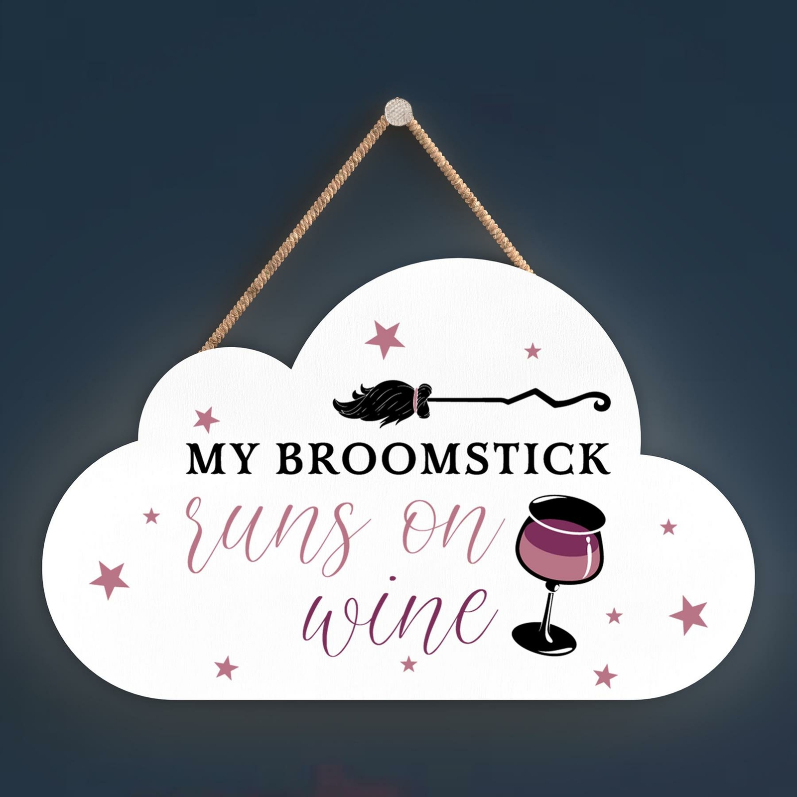 BROOMSTICK RUNS ON WINE CLOUD SHAPED WITCHCRAFT THEMED HALLOWEEN WOODEN PLAQUE
