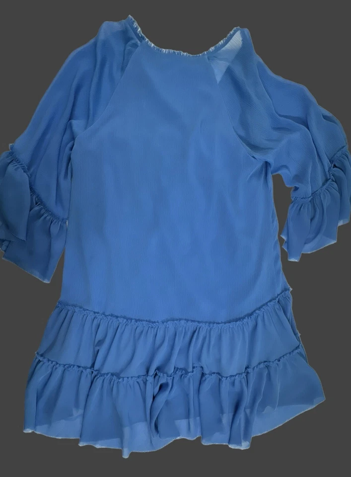 Alice + Olivia Zoey Ruffled Freyed Blue Tunic Dress Womens Small *flaws* - Image 3 of 4