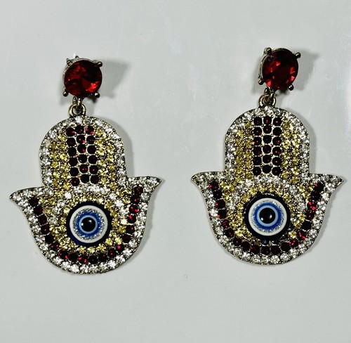 RED GOLD EVIL EYE HAMSA SYMBOL CRYSTAL BOHO DANGLE DROP EARRINGS - Picture 2 of 5