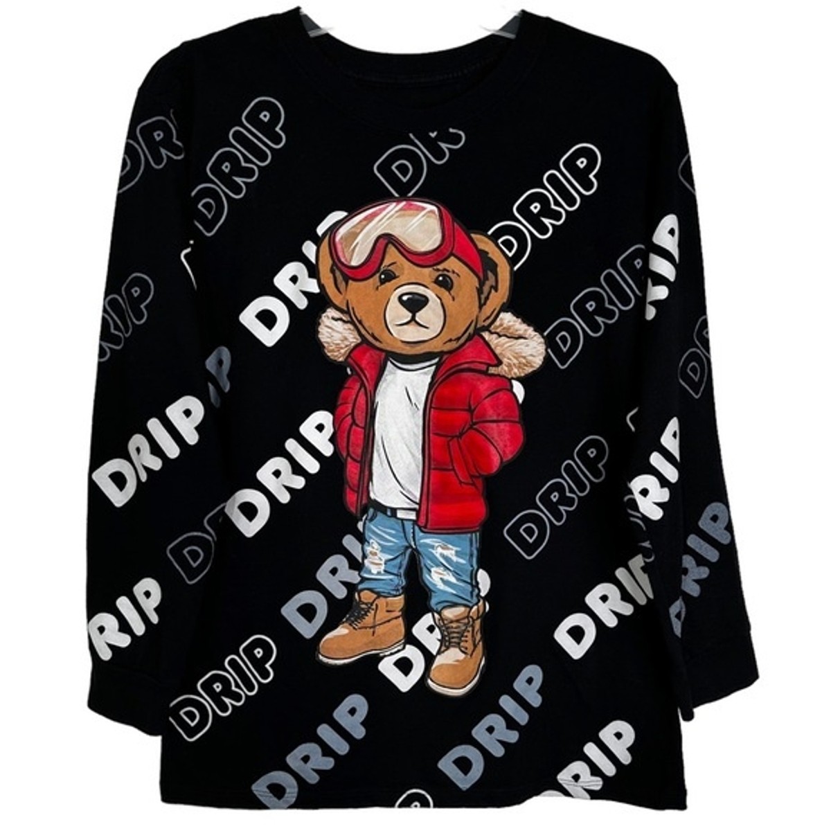Bailey Apparel Drip Teddy Bear Long Sleeve Graphic T-Shirt Black