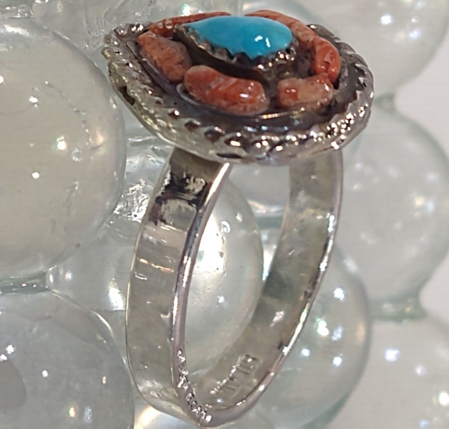 Turquoise And Red Coral Ring Size 9.25 Silver Southwest Vintage Style -- #B132 Turquoise And Red Coral Ring Size 9.25 Silver Southwest Vintage Style -- #B132