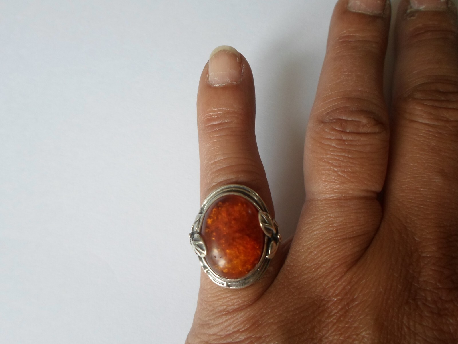 solid silver ring, amber cabochon, leaf outline, … - image 3