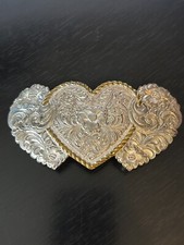 Vintage Collectible Crumrine Hearts Heavy Silver Plate over Bronze Belt Buckle