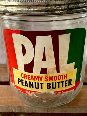 Vintage PAL PEANUT BUTTER Food Large Glass Jar1950's #13 Metal Lid