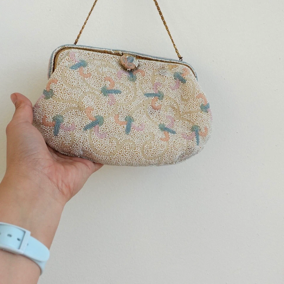 Vintage 80s Josef Purse White Beaded Evening Clutch Flora Handmade in FRANCE 70s - Image 3 of 4