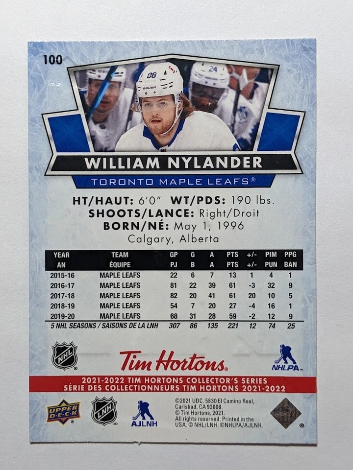 2021-22 Tim Hortons Upper Deck William Nylander #100 Maple Leafs - Image 2 of 2