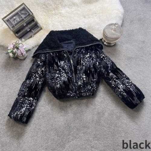 Women Glitter Sequins Quilted Padded Short Coat Fashion Jacket Winter Club Party - Picture 3 of 22