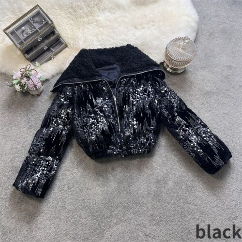 Ladies Glitter Sequins Quilted Padded Short Coat Winter Jacket Winter Warm Slim - Afbeelding 1 van 22