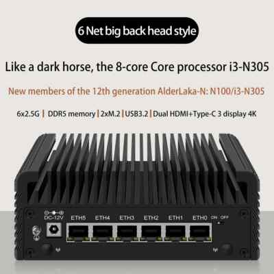 2.5G Firewall Router 12th Gen Intel i3 N305 N100 6x i226-V Fanless Mini PC DDR5