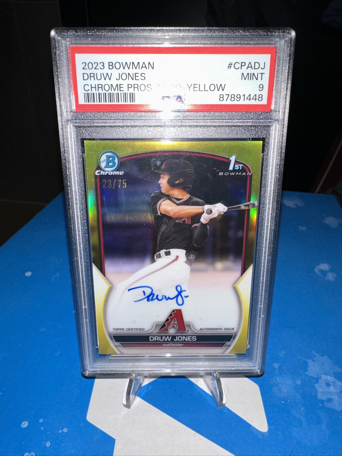 Druw Jones 2023 Bowman Chrome 1st Prospect Yellow Refractor Auto SP /75 PSA 9