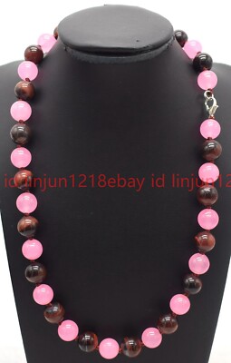 Natürliche 10 mm Rosa Kristall und Rot Tigerauge Runde Edelstein Perlen Halskette 16-32 Zoll