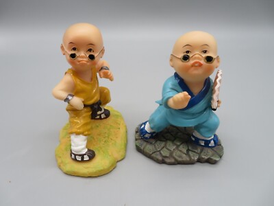 Set of 2 Resin Asian Kung Fu Monk Boy Figurines 3-1/2'' Tall