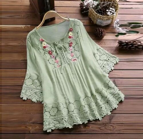 NEW GREEN 2XL . Women Vintage Lace Patchwork Bow V Neck Three Quarter Blouse Top