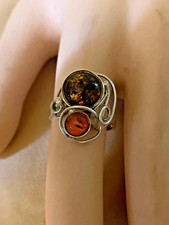 STERLING SILVER 925 RING SIZE 6.5 WITH TWO BURNT ORANGE BALTIC AMBER STONES