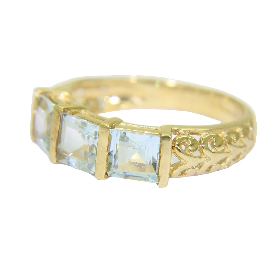 Anillo Princesa Aguamarina Trilogía Oro Amarillo 9ct Talla N ~ 6 3/4 Foto 3 de 4