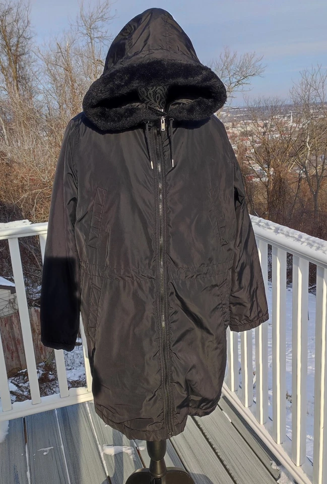 GAP Mujer Invierno Calor Largo Parka Chaqueta Abrigo Negro Con Capucha Imitación Piel Talla XL  Foto 3 de 4