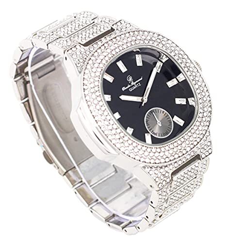Charles Raymond Blinged Out Oblong Case Metal Mens Watch w/Matching Bracelet Set - Picture 75 of 78