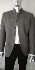 MEN'S WOOL HERRINGBONE TWEED BEATLES MANDARIN NEHRU GRAN-DAD COLLAR  JACKET 