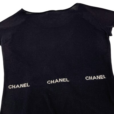 CHANEL Vintage 04P Logo Knit T-shirt Top #40 Round Neck Black