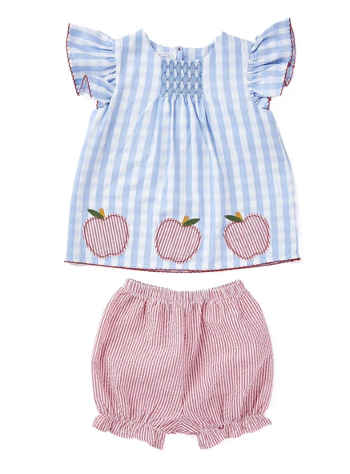 Conjunto de Top y Pantalones Cortos Mud Pie Bordados Azul Cuadros Escuela Manzana Talla 4-5 Foto 2 de 4