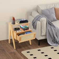 Modern Bamboo Bedside Table w/Drawer Storage Bedroom Nightstand Sofa Side Desk